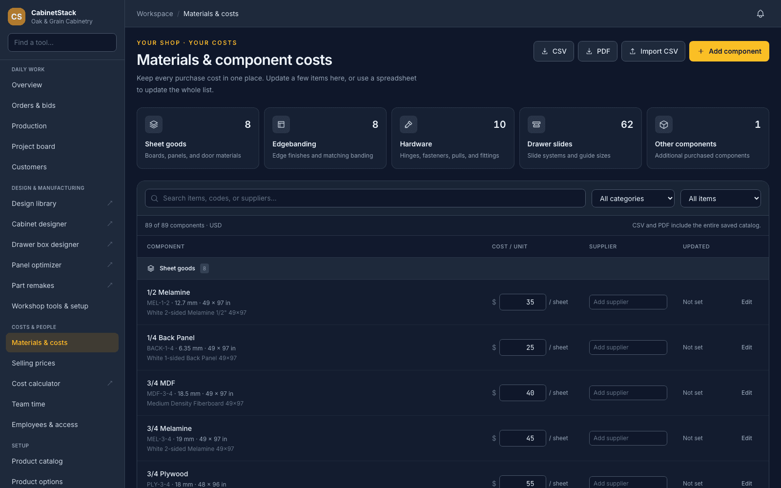 CabinetStack shared component cost catalog with organized materials and unit purchase costs