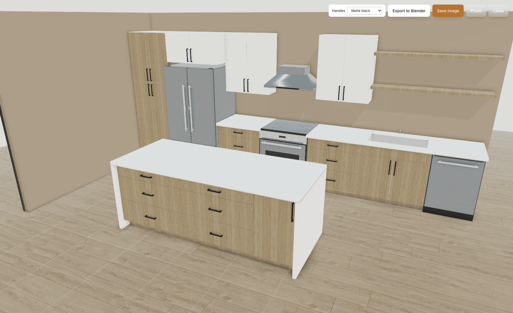 CabinetStack 3D view of a complete sample kitchen with oak base and tall cabinets, white upper cabinets and black handles